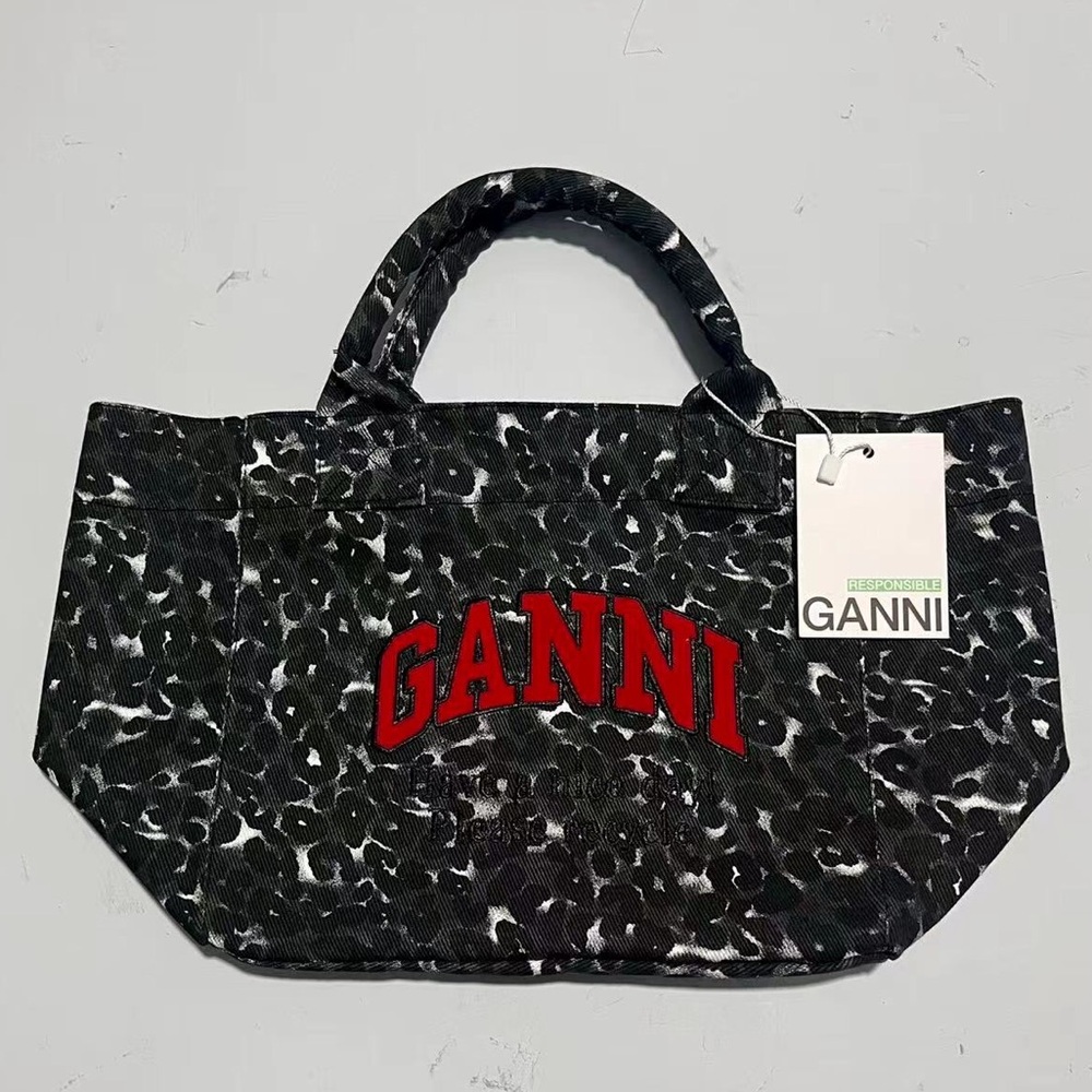 GANNI Black Leopard Print Contrast Red Flocked Embroidered Tote Bag